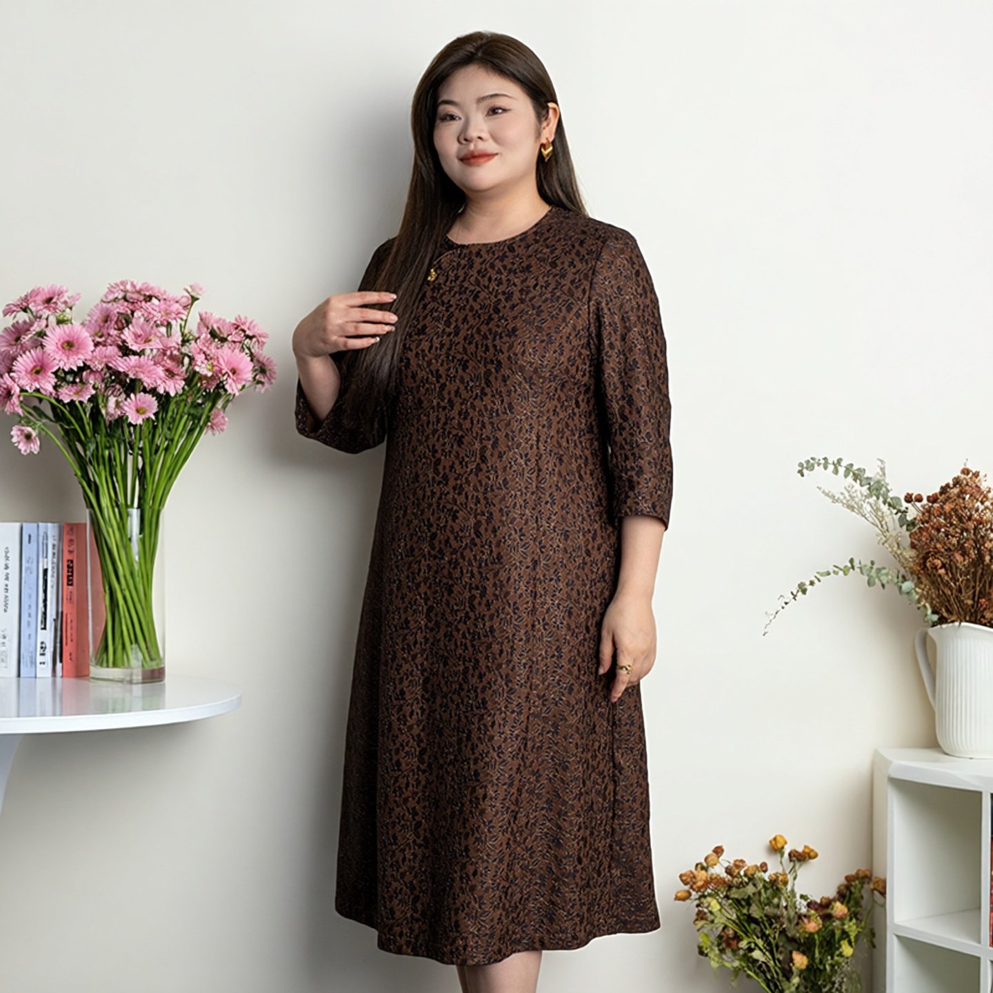 美丽客栈高端大码爱丽丝蕾丝连衣裙女秋冬新中式七分袖改良旗袍裙