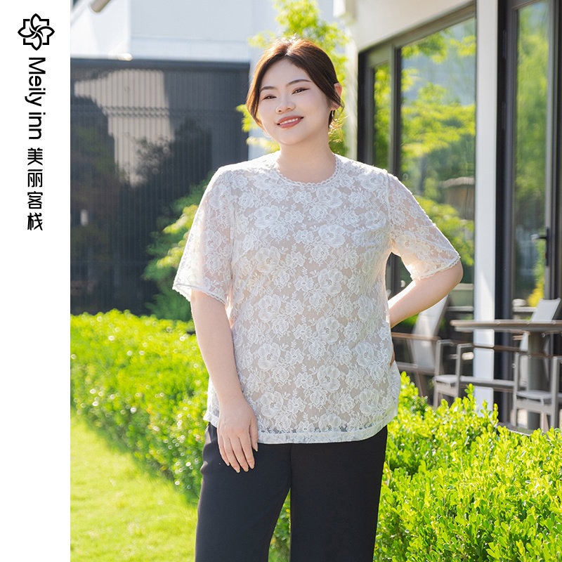 美丽客栈裸感蕾丝五分短袖T恤女