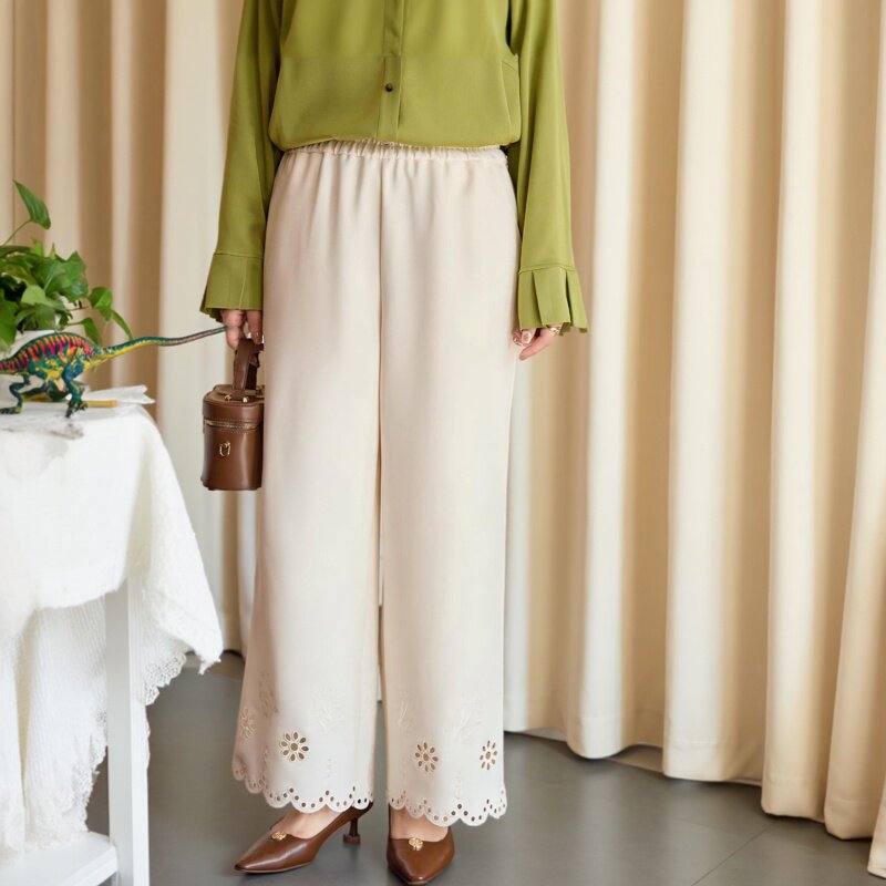 美丽客栈高端大码裤子女胖mm冬质感舒适显瘦醋酸绣花垂感阔腿长裤