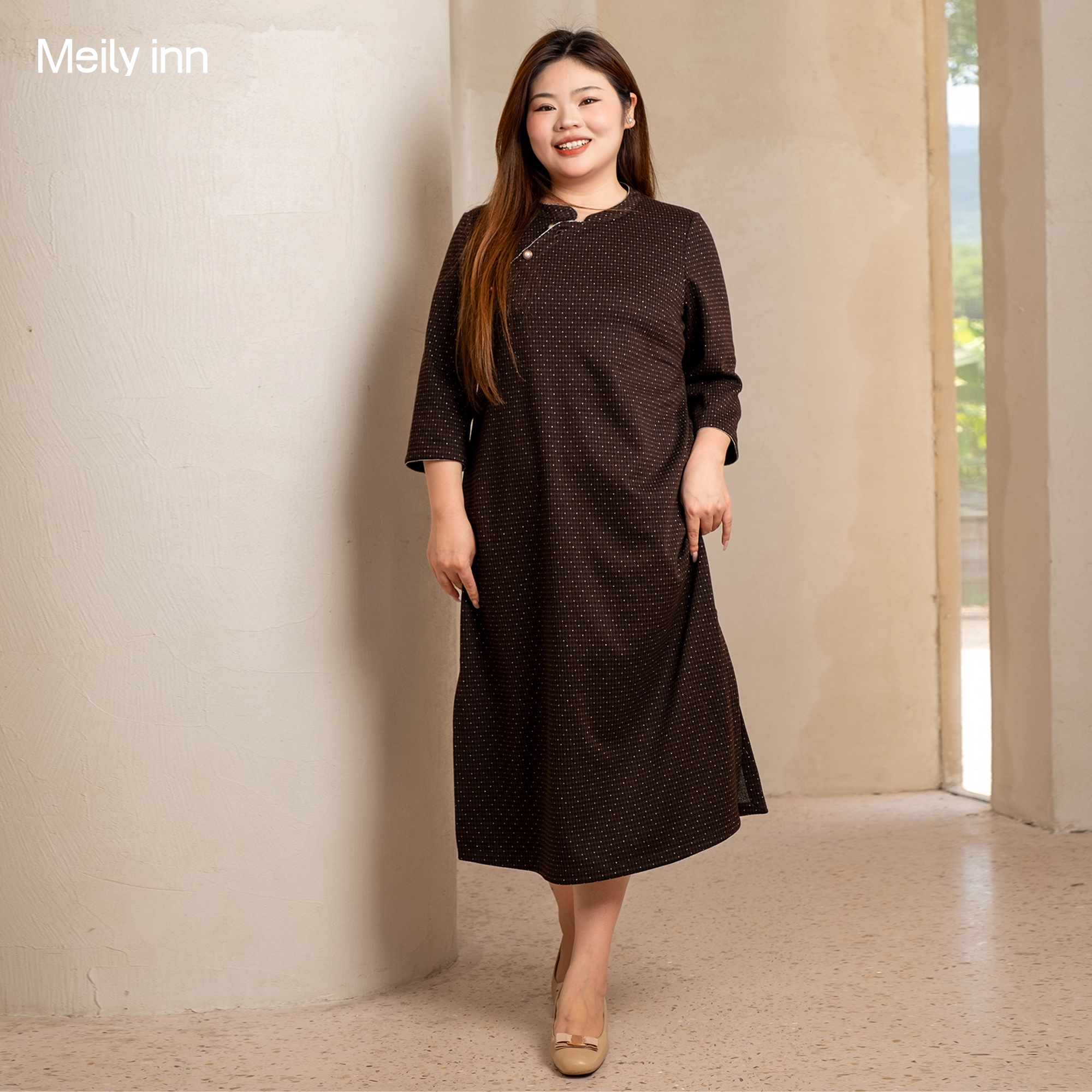 美丽客栈高端新中式改良连衣裙女大码女装胖mm百搭针织复古感长裙