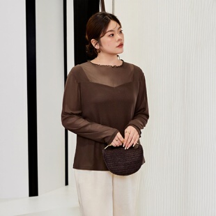 美丽客栈大码女装打底衫木耳边圆领薄款长袖T恤200胖mm黑色高级感