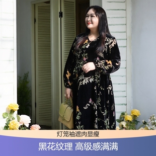 女装 高级感2024年秋季 黑花色连衣裙女大码 中长款 胖mm美丽客栈 新款