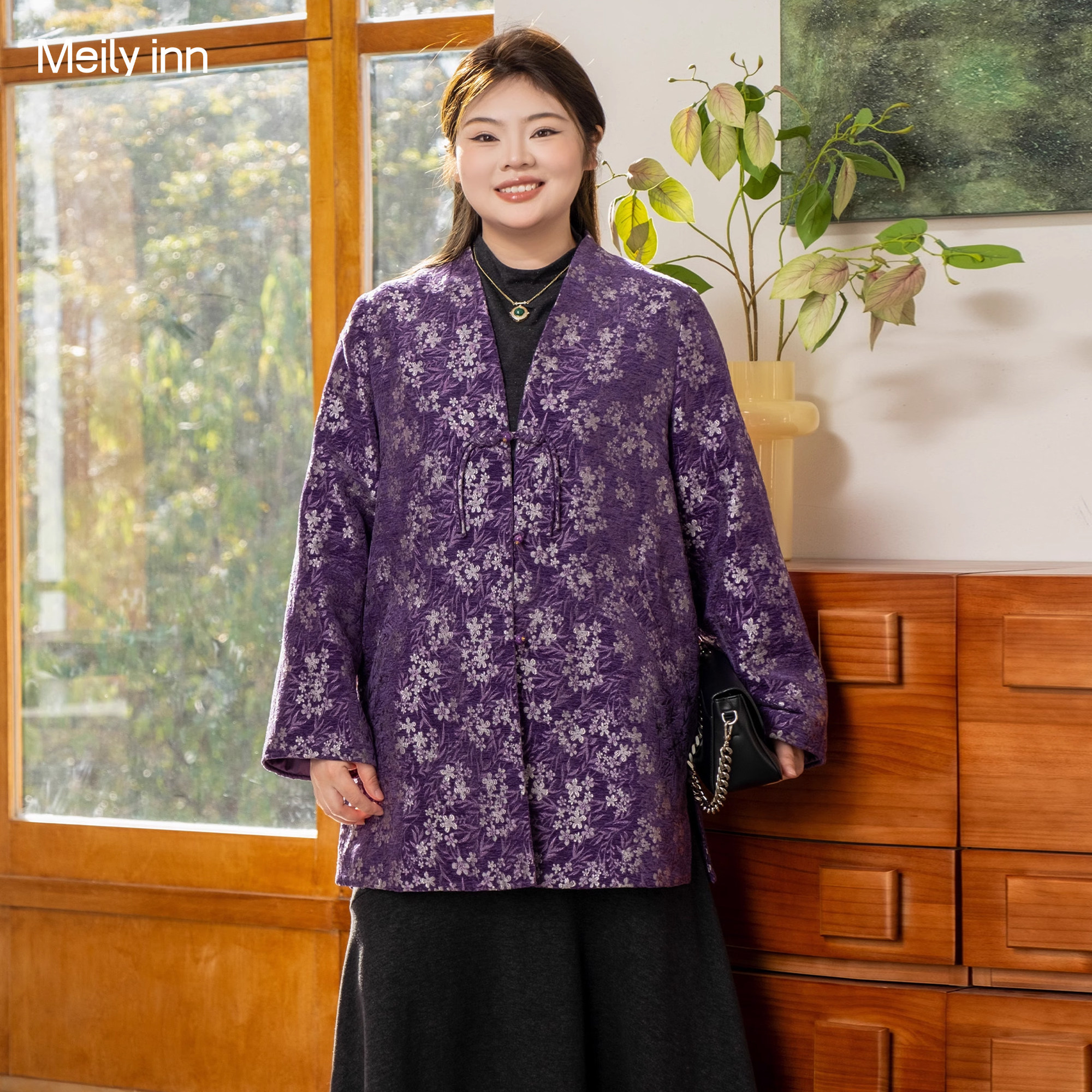 美丽客栈原创高端大码女装胖mm秋冬新中式小众设计植绒提花外套女