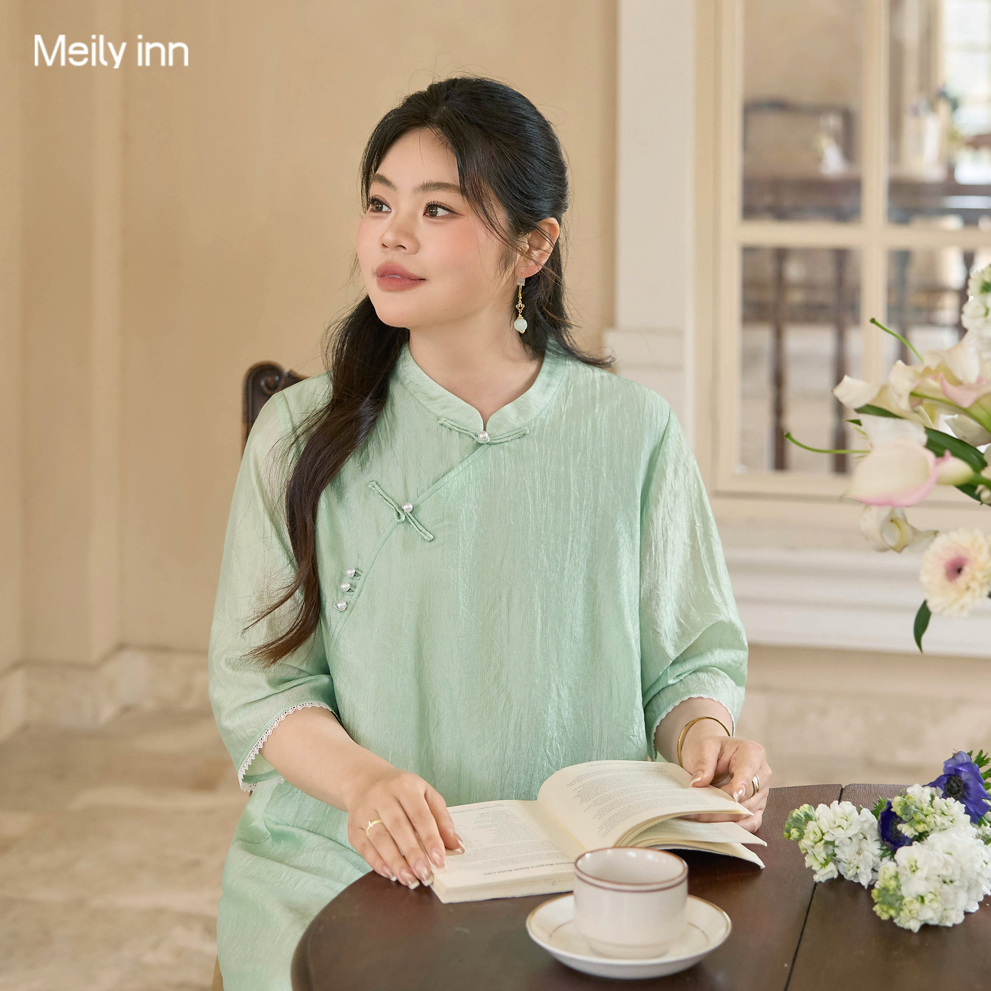 美丽客栈醋酸连衣裙女大码胖mm梨型身材新中式改良旗袍裙2026新款