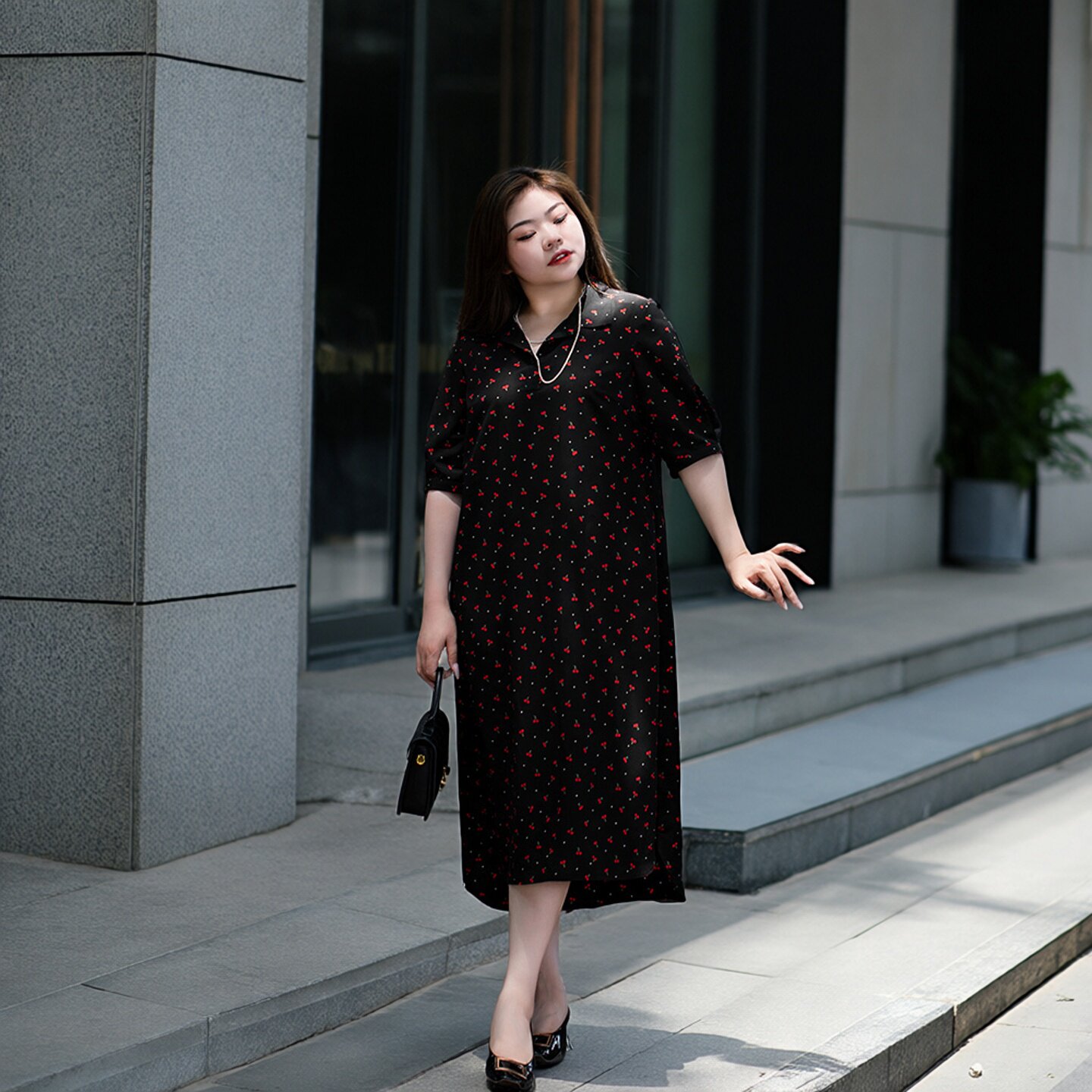 美丽客栈樱桃甜酒连衣裙夏季衬衫领中长款显瘦大码女装优雅连衣裙