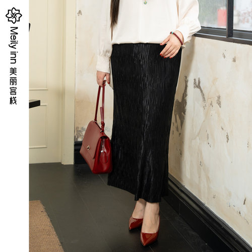 美丽客栈秋冬时尚高级压褶半身裙