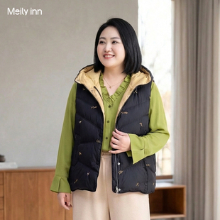 美丽客栈高端大码90白鹅绒连帽款黑色羽绒服马甲女胖mm短款羽绒服