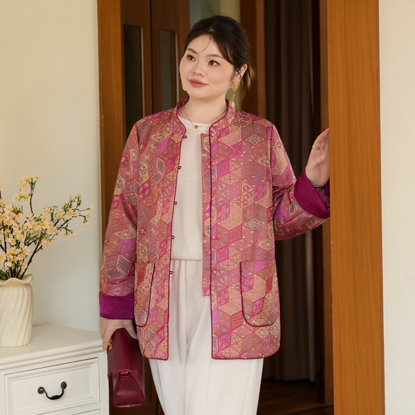 美丽客栈缎面提花新中式棉服外套