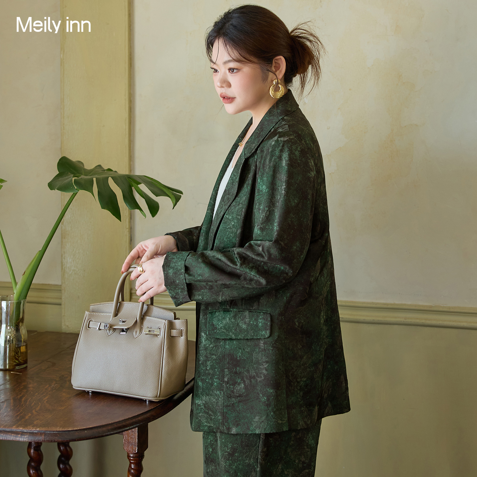 【人丝羊毛混纺】 美丽客栈大码女装2025秋装新款西服外套阔腿裤