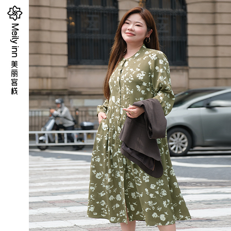 美丽客栈印花连衣裙气质轻奢高级感大码女装胖MM显瘦遮肚度假裙子