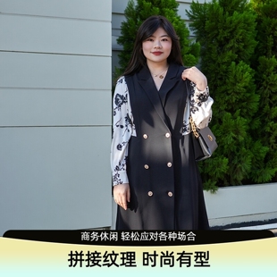 【轻商务】美丽客栈西装领假两件连衣裙女胖mm大码女装显瘦西装裙
