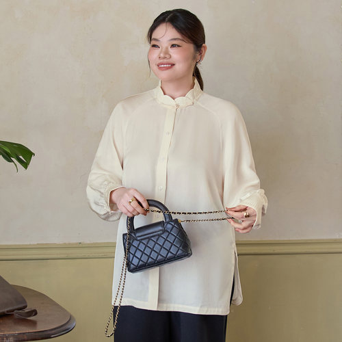 美丽客栈醋酸立领花瓣领大码衬衫