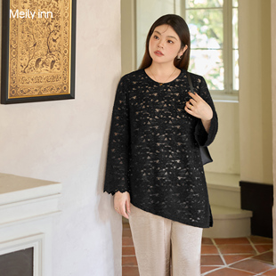 内搭上衣 女秋冬胖mm显瘦藏肉正肩开衩长袖 美丽客栈大码 蕾丝打底衫