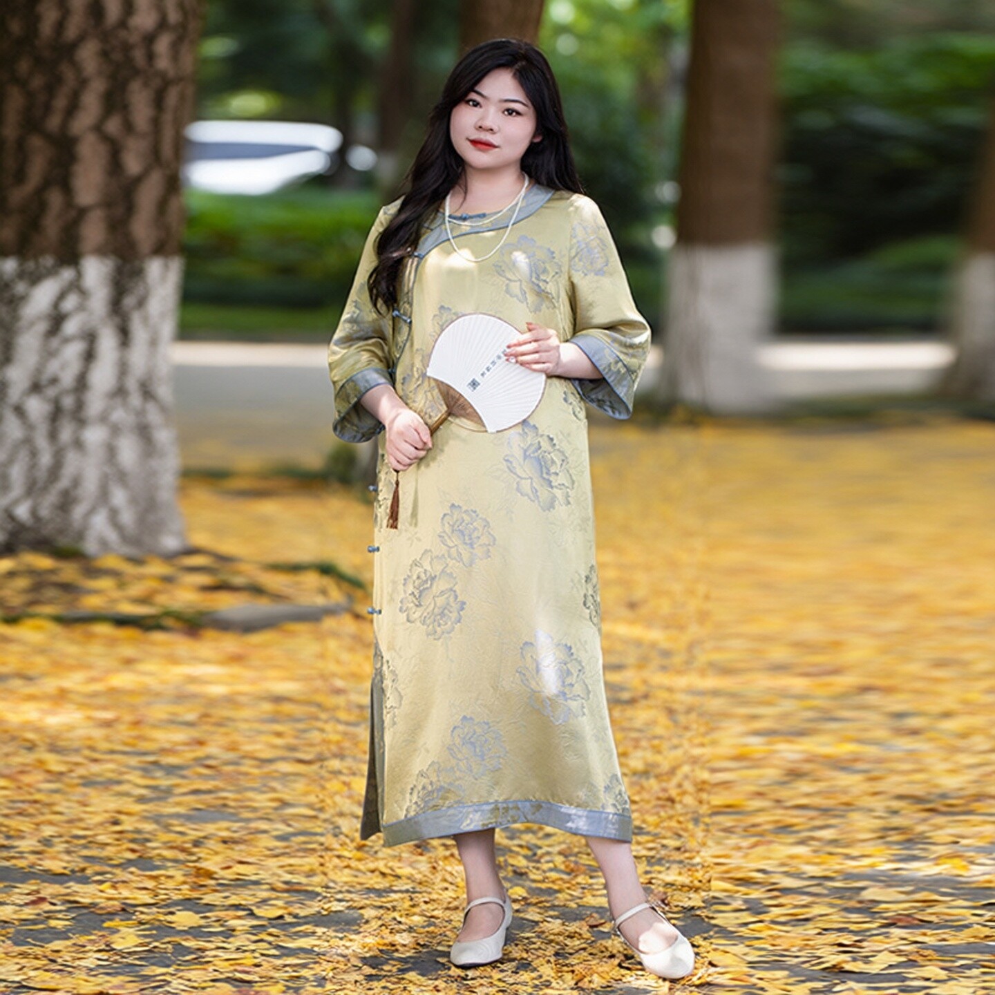 美丽客栈凤穿牡丹连衣裙夏真丝舒适显瘦大码女装新款改良式旗袍裙