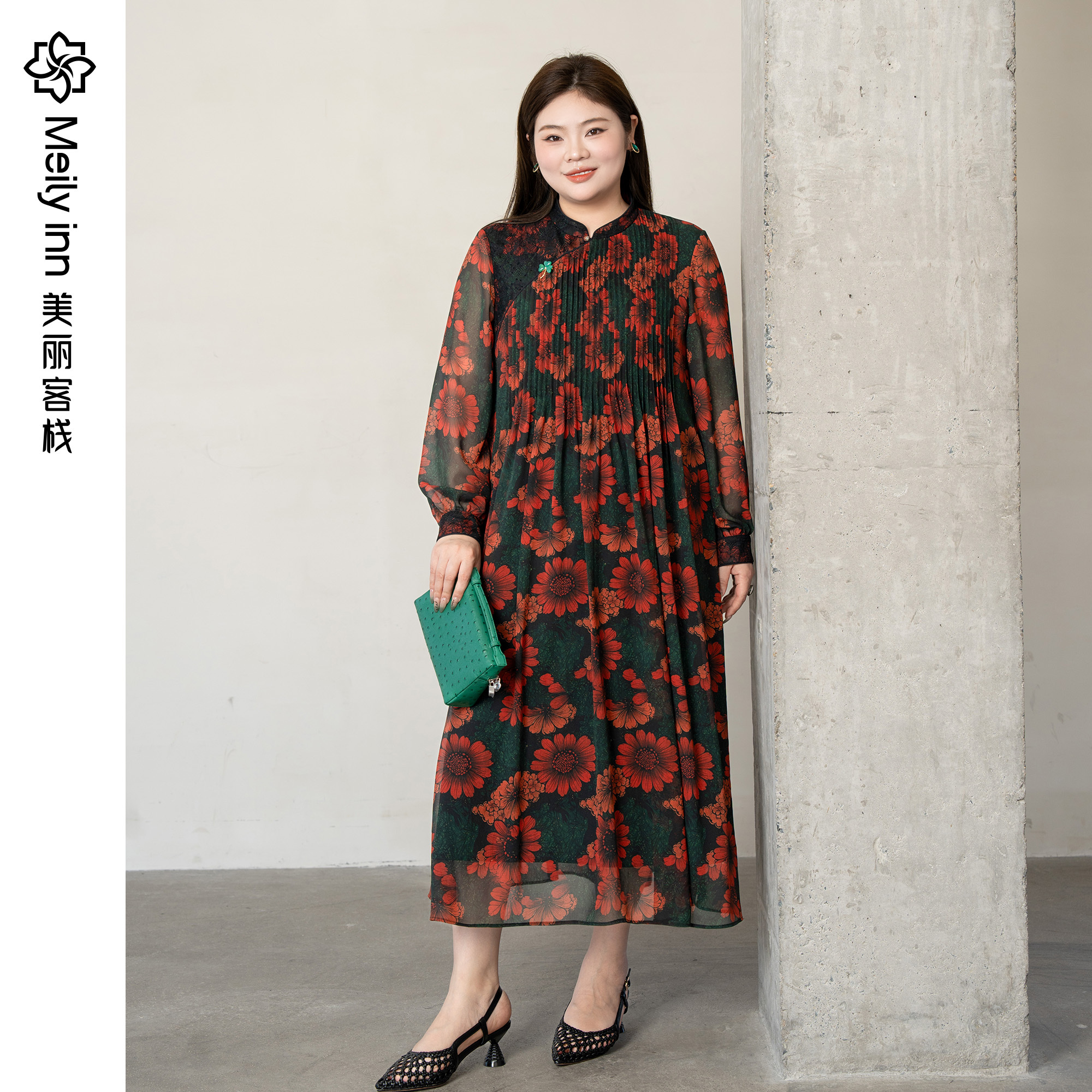 美丽客栈原创高端大码女装胖mm200斤加肥加大减龄长袖春秋连衣裙