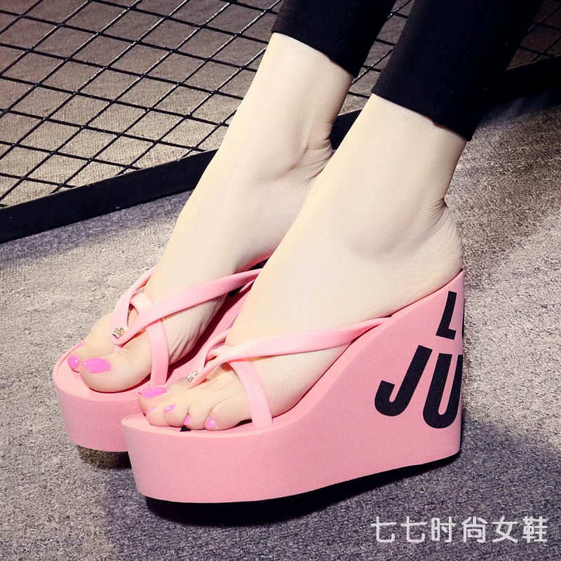包邮超高跟人字拖鞋夏季新款夹脚高跟坡跟女士沙滩厚底凉拖女鞋