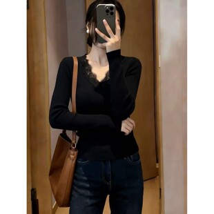 2026秋冬新款蕾丝拼接V领打底毛衣女修身显瘦针织衫薄款内搭上衣
