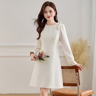 时尚 2025春季 气质名媛小香风领口钉珠中长款 女装 连衣裙JX2508 新款