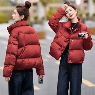 复古风羽绒服女新款2025冬装简约时尚立领90白鸭绒羽绒外套朱红色