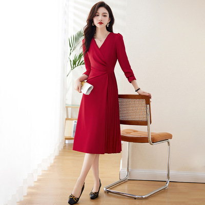 红色连衣裙女春秋新款小个子气质洋气修身早秋长袖裙子 Z5195