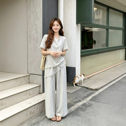 灰色流苏上衣阔腿裤套装女2026夏季爆款巨好看大方得体穿搭一整套