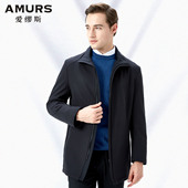 爱缪斯2025秋冬新品 加绒加厚立领风衣男黑色中长款 保暖休闲外套