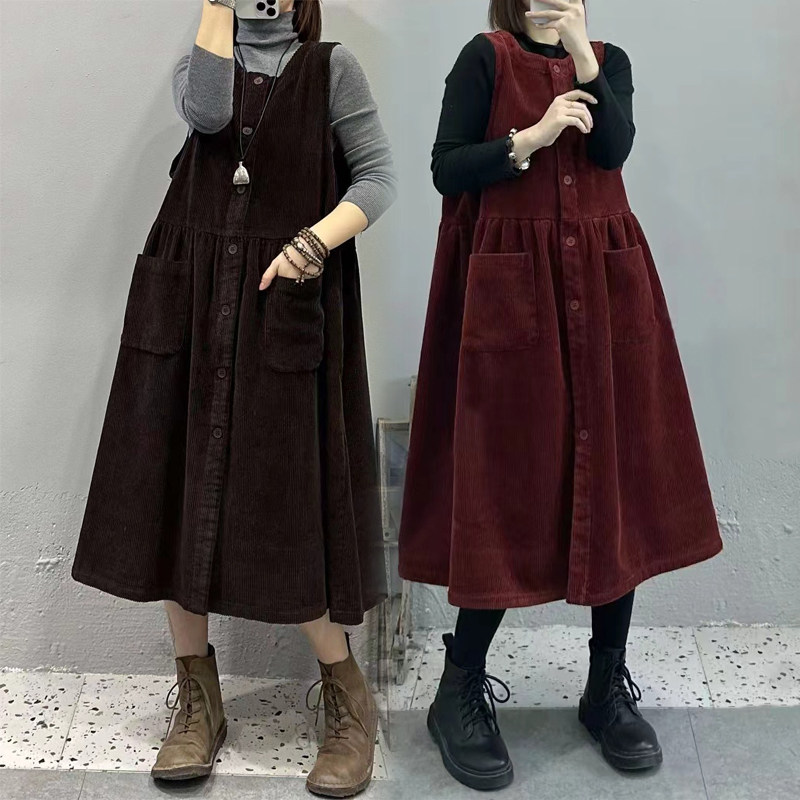 孕妇秋冬连衣裙长款灯芯绒背心裙图片