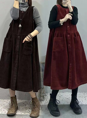 孕妇秋冬连衣裙长款灯芯绒背心裙