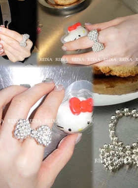 现货~韩国东大门 银色球球珠子拼接蝴蝶结ins爆款弹力绳戒指