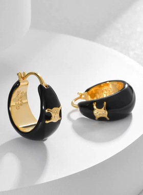 法式凯旋门黑色滴油耳环耳扣铜镀22K金轻奢高级感气质百搭耳饰品