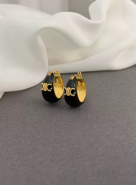 法式凯旋门黑色滴油耳环耳扣铜镀22K金轻奢高级感气质百搭耳饰品