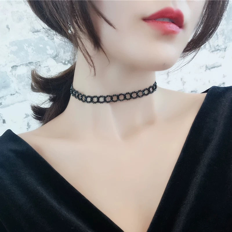 日韩颈链网红性感黑色颈带蕾丝项链锁骨链女天然尖晶石