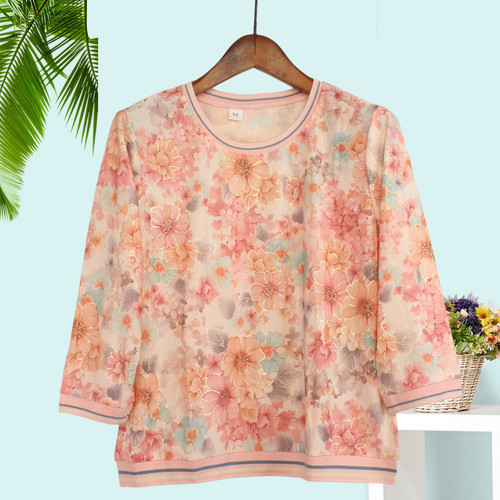 中老年人春秋季妈妈洋气时尚针织女装七分袖薄款中袖透气T恤上衣