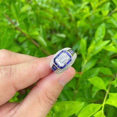 18k白金1克拉莫桑石男戒2豪华彩宝彩金镶嵌铂金pt950欧美时尚首饰