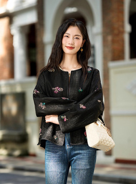 76019 真丝香云纱龟裂纹外套 复古刺绣黑色短外套女