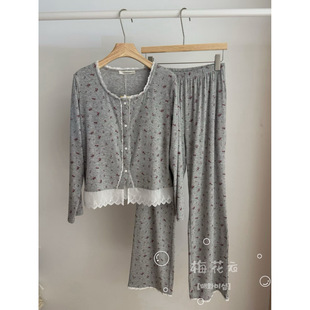 现货韩国balcony小碎花前扣弹力纤维长袖裤睡衣套装女款秋有胸垫