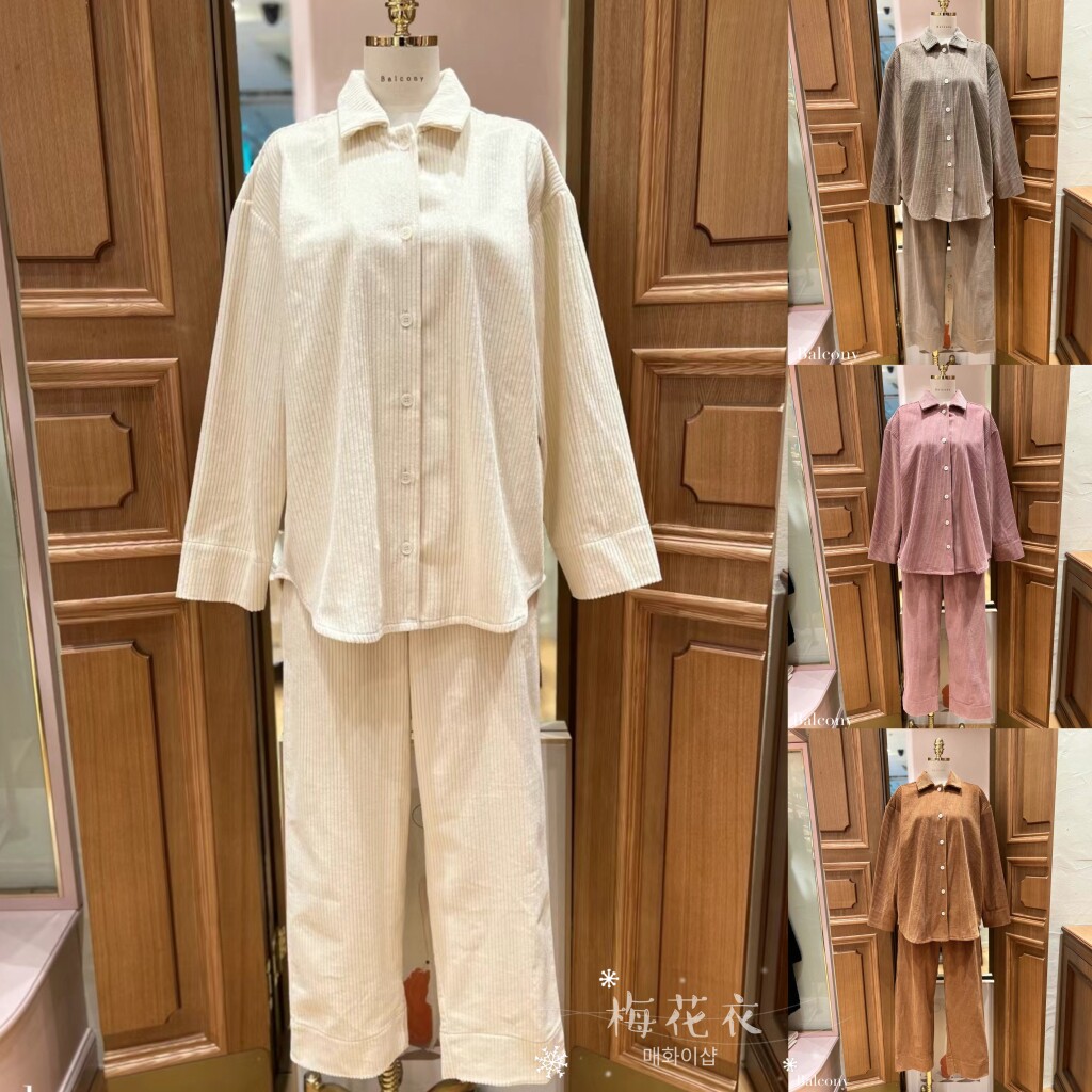 现货韩国balcony简约衬衫领前扣灯芯绒长袖裤睡衣套装女款冬季厚