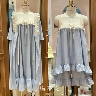 正品韩国balcony甜美一字领吊带裙短裤睡袍纯棉睡衣套装女夏蓝色