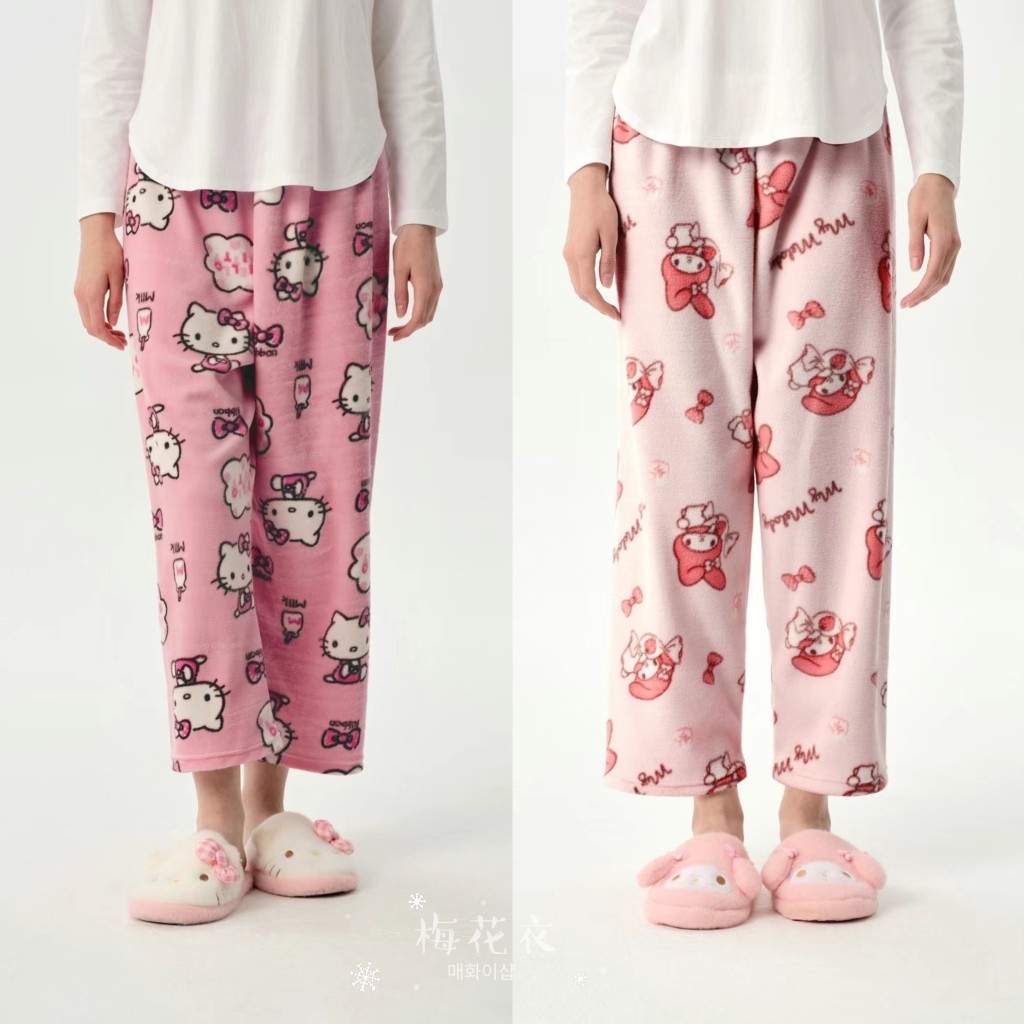 现货韩国正品美乐蒂卡通凯蒂猫法兰绒睡裤9分长裤女款冬薄绒单面