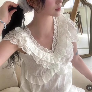 睡裙女款 2025韩国lunaluz甜美花边V领棉混纺白色无袖 夏蕾丝边长裙