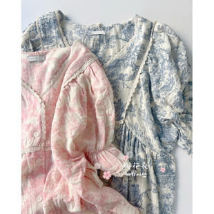 正品韩国lunaluz水墨画双层棉纱睡裙V领长袖裤睡衣套装女款春秋季