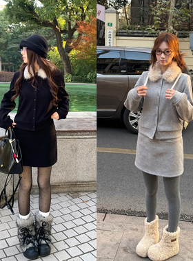 荒荒家毛绒茸翻领卫衣套装2025冬季新款加绒外套半身短裙两件套女