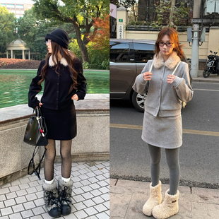 加绒外套半身短裙两件套女 新款 荒荒家毛绒茸翻领卫衣套装 2025冬季