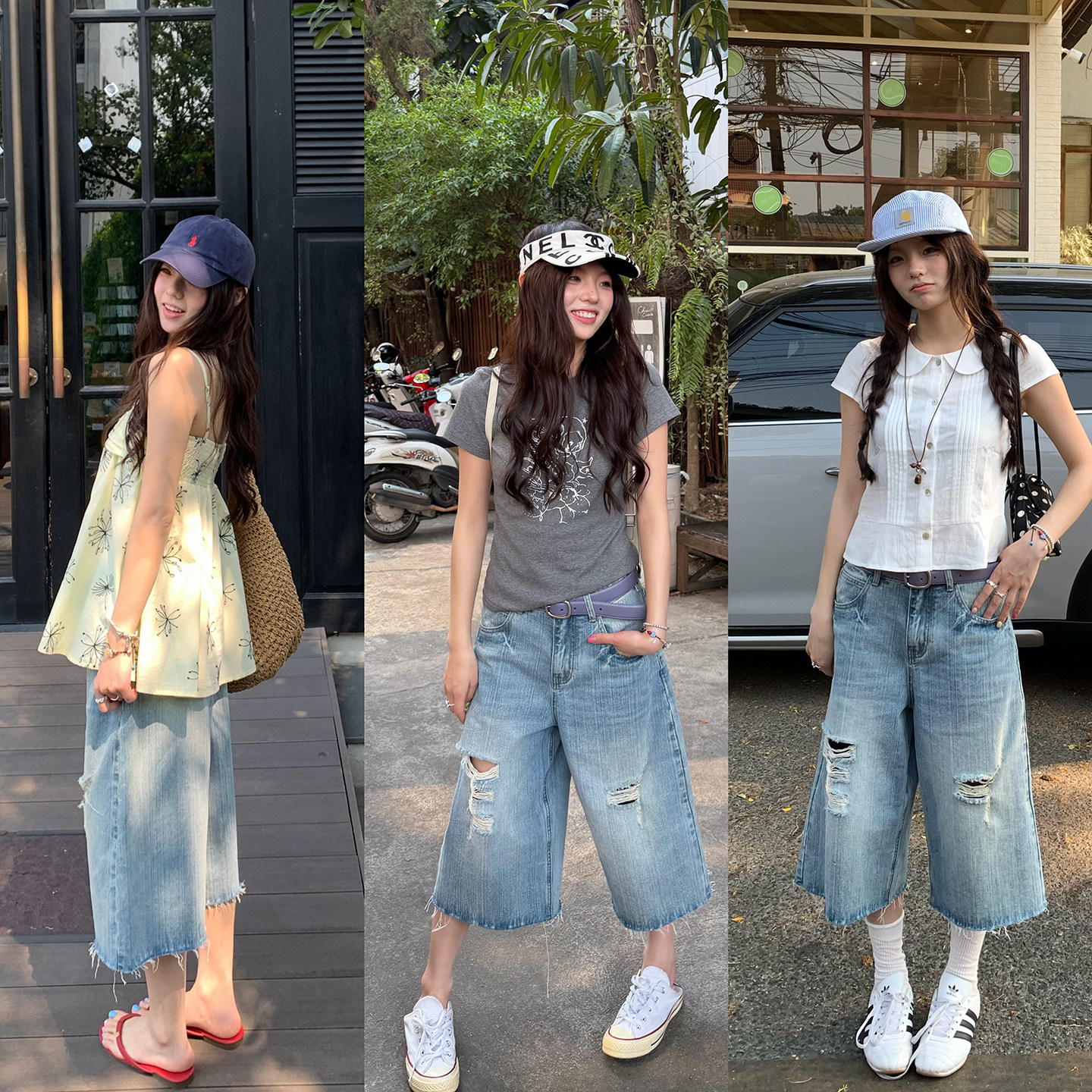 荒荒家 破洞毛边牛仔7分裤2026夏季新款薄款宽松休闲阔腿短裤女