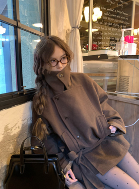 荒荒家 腰带呢子外套2025冬季新款气质休闲棕色收腰西装大衣女ins