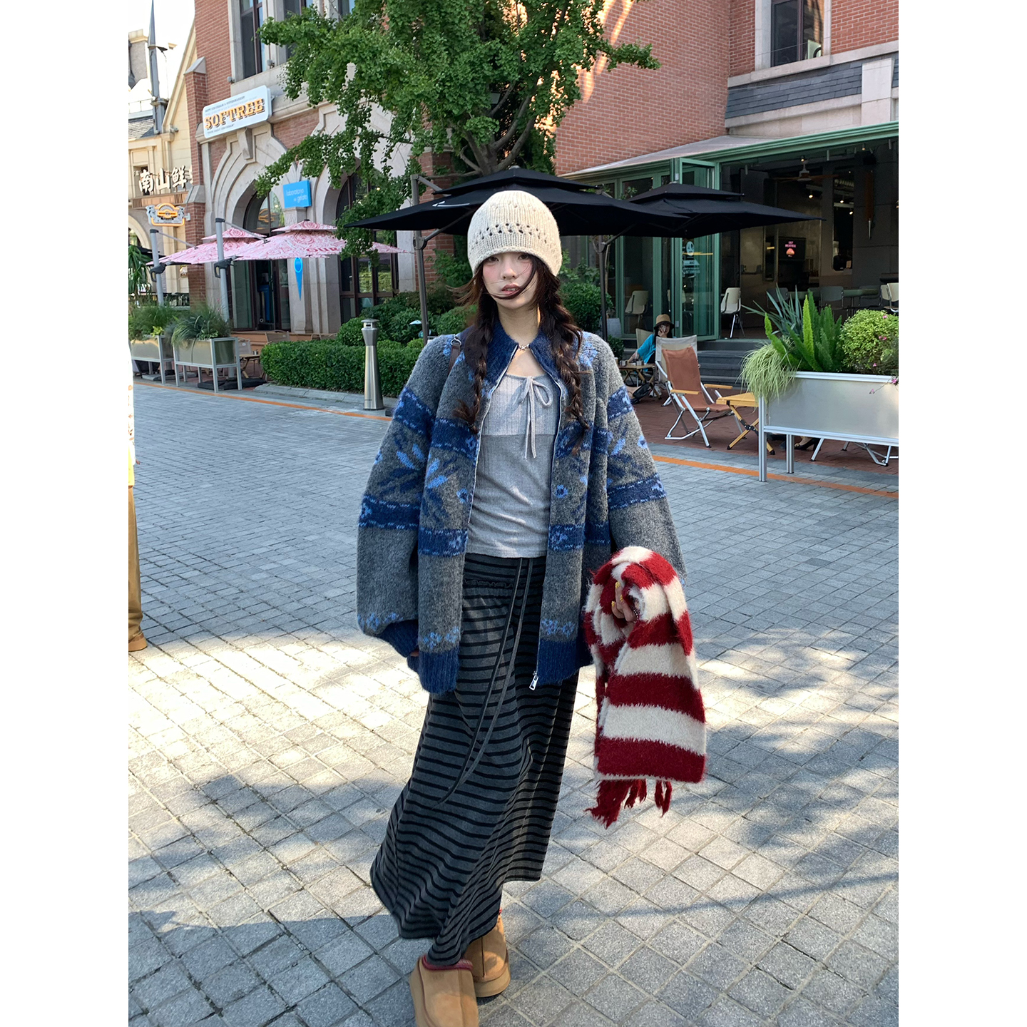 荒荒家灰条纹半身裙抽绳中长裙