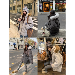 荒荒家 派克连帽毛领羽绒服2025冬季新款中长款白鸭绒保暖外套女