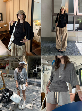 荒荒家 基础款纯色收腰短袖2025夏季新款小众慵懒设计休闲T恤女