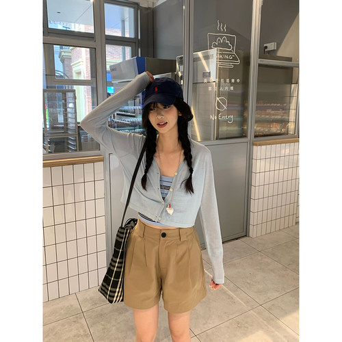 荒荒家 韩系短裤2025夏季新款韩版直筒阔腿卡其色休闲五分裤女
