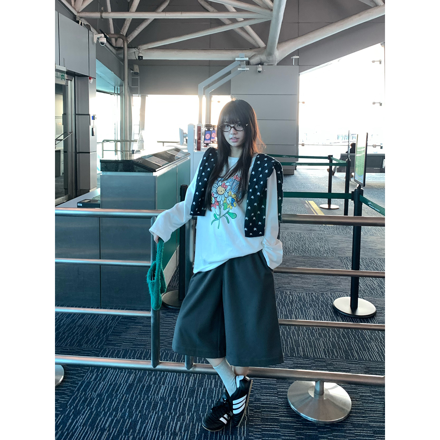 荒荒家斜纹休闲中裤直筒阔腿裤